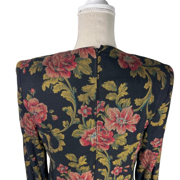 Vintage Virgo II Floral Jacquard Dress Black Gold Red Roses Puff Shoulder Sz 12 - Picture 7 of 13